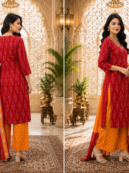 Orange Floral Printed Cotton Kurta Pant & Dupatta Suit Set