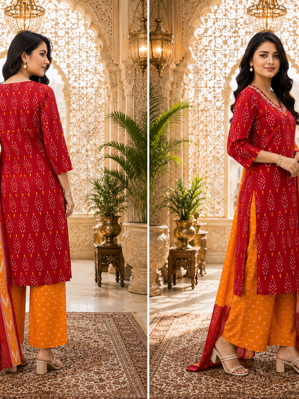 Orange Floral Printed Cotton Kurta Pant & Dupatta Suit Set