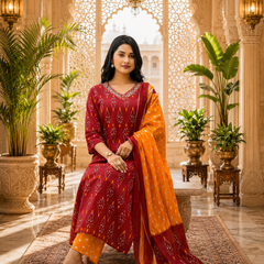 Orange Floral Printed Cotton Kurta Pant & Dupatta Suit Set