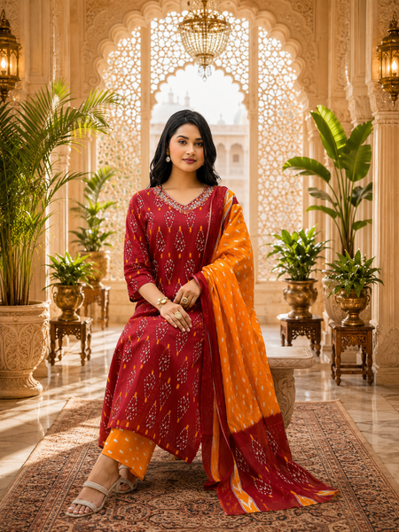 Orange Floral Printed Cotton Kurta Pant & Dupatta Suit Set