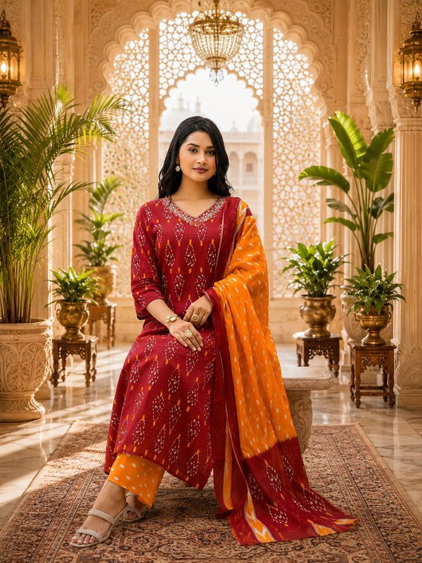 Orange Floral Printed Cotton Kurta Pant & Dupatta Suit Set