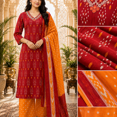 Orange Floral Printed Cotton Kurta Pant & Dupatta Suit Set