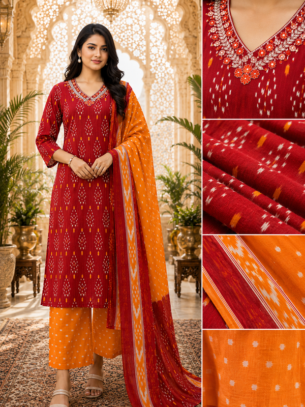 Orange Floral Printed Cotton Kurta Pant & Dupatta Suit Set