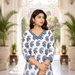 Women’s White & Blue Floral Cotton Short Kurti – V-Neck