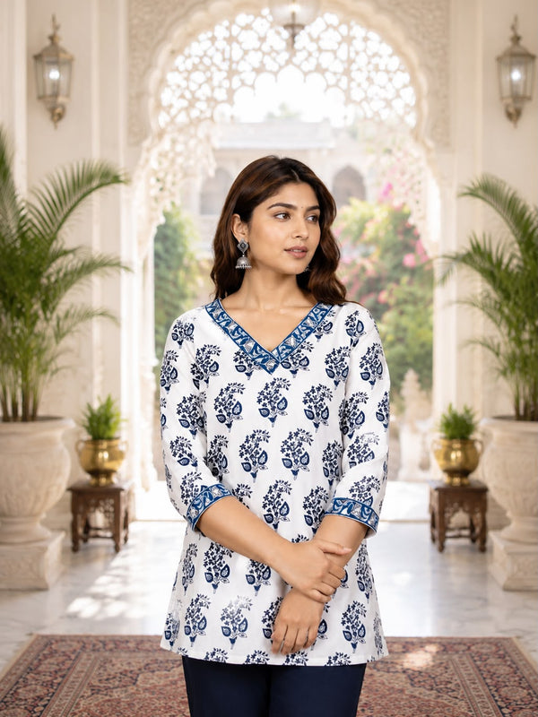 Women’s White & Blue Floral Cotton Short Kurti – V-Neck