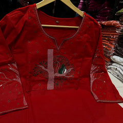 Red Floral Embroidered Cotton Kurta & Pant Set for Women