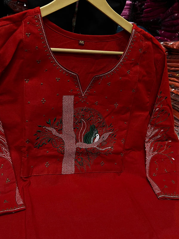 Red Floral Embroidered Cotton Kurta & Pant Set for Women