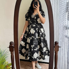 Elegant Black Floral Rayon Dress for Women