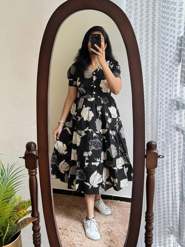 Elegant Black Floral Rayon Dress for Women
