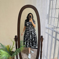 Elegant Black Abstract Printed Rayon Dress