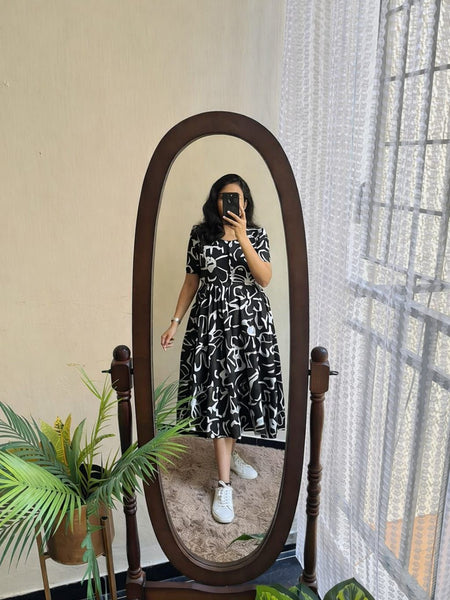 Elegant Black Abstract Printed Rayon Dress