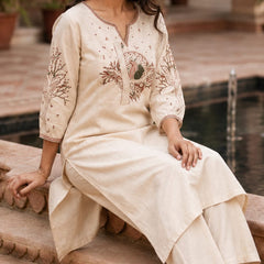 Beige Floral Embroidered Cotton Kurta & Pant Set for Women