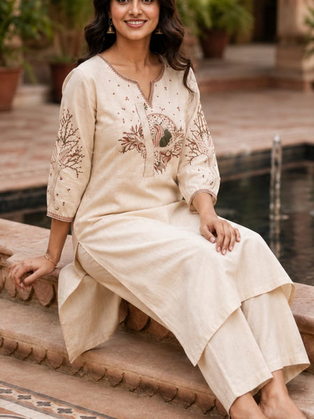 Beige Floral Embroidered Cotton Kurta & Pant Set for Women