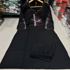 Black Floral Embroidered Cotton Kurta & Pant Set for Women