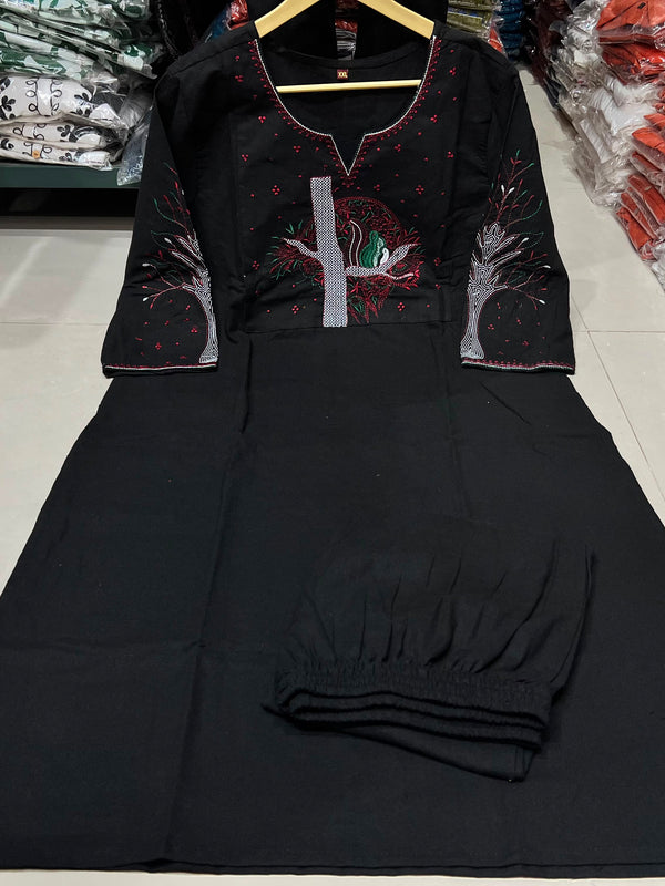 Black Floral Embroidered Cotton Kurta & Pant Set for Women