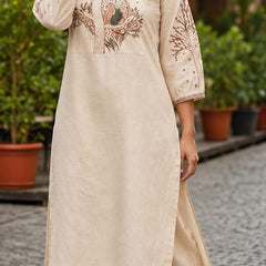 Beige Floral Embroidered Cotton Kurta & Pant Set for Women