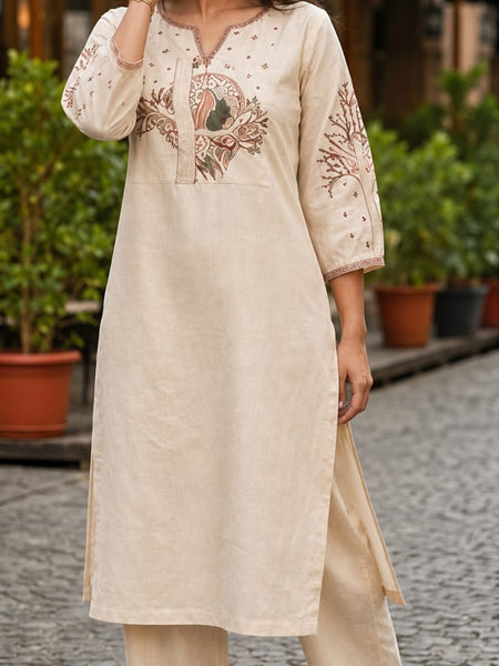 Beige Floral Embroidered Cotton Kurta & Pant Set for Women