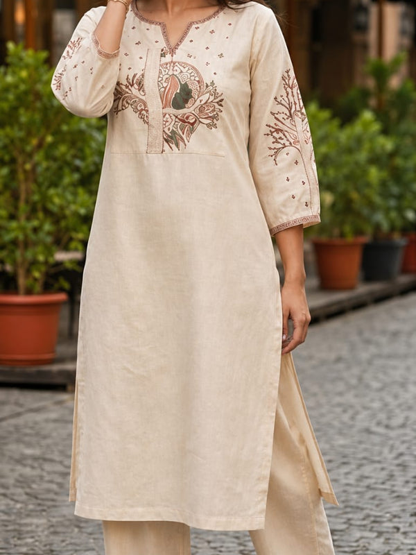 Beige Floral Embroidered Cotton Kurta & Pant Set for Women