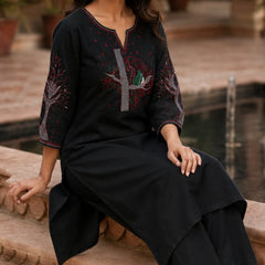 Black Floral Embroidered Cotton Kurta & Pant Set for Women