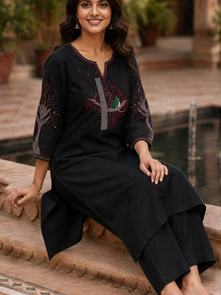 Black Floral Embroidered Cotton Kurta & Pant Set for Women
