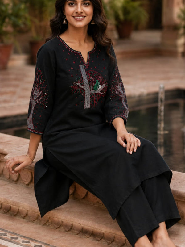 Black Floral Embroidered Cotton Kurta & Pant Set for Women