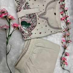 Beige Floral Embroidered Cotton Kurta & Pant Set for Women