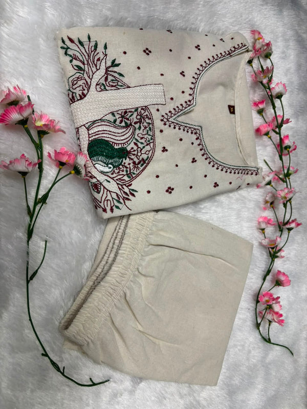 Beige Floral Embroidered Cotton Kurta & Pant Set for Women
