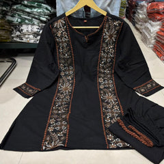 Women’s Black Cotton Floral Embroidered Co-Ord Set with Pants