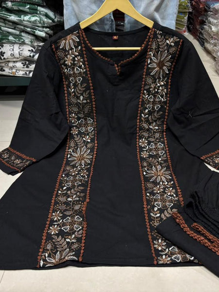 Women’s Black Cotton Floral Embroidered Co-Ord Set with Pants