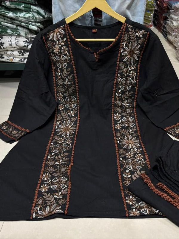 Women’s Black Cotton Floral Embroidered Co-Ord Set with Pants